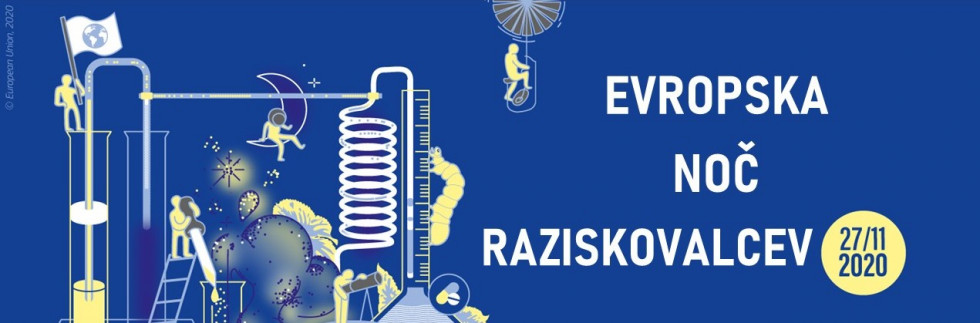 banner Evropska noč raziskovalcev - zvezde, ljudje, kolesar z balonom