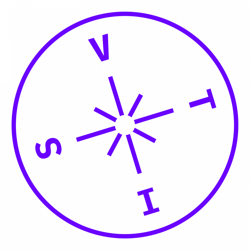 logotip društva VTIS - kot kompas, samo da so črke VTIS, namesto sever-jug-vzhod-zahod