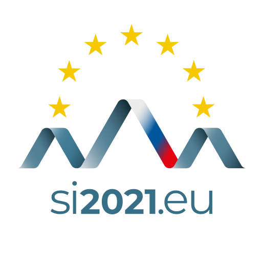 Logotip predsedovanja Slovenije Svetu EU - rdeče-moder in bel trak v obliki triglava nad njim pa 12 rumenih zvezdic v polkrogu