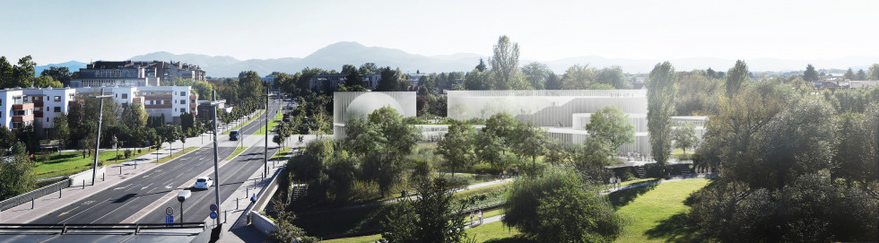 Izbrana arhitekturna rešitev - pogled iz S strani, tj. iz strani vodotoka Gradaščice iz katere se vidi predvsem krožni paviljon z restavracijo, krožni paviljon s planetarijem in največji osrednji paviljon. iz katere se vidi osre