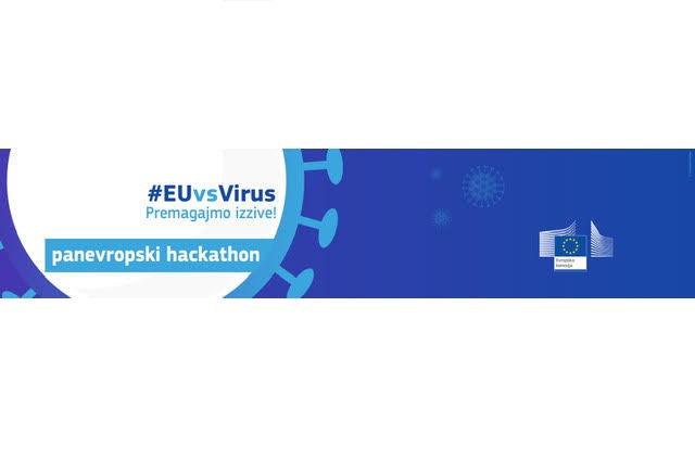 Logotip projekta panevropski hackathon. Na desni strani zastava EU, na levi napis projekta s sloganom znotraj kroga, ki implicira na virus.