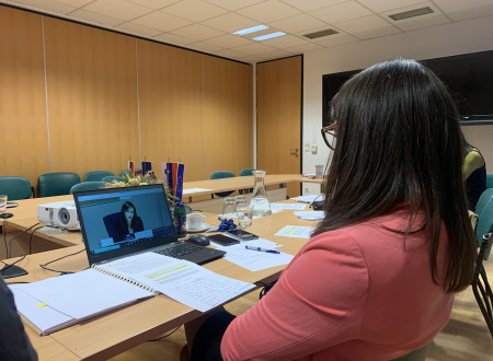 Slika ministrice s hrbtne strani, ki sedi za računalnikom in prisostvuje v videokonferenci. 