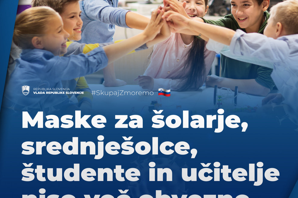Infografika o opustitvi zaščitnih mask za šolarje, študente in zaposlene.