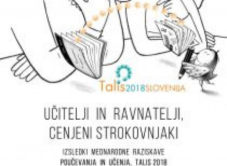  Slika naslovnice nacionalnega poročila TALIS 2018, kjer sta narisana učenec in učenka.