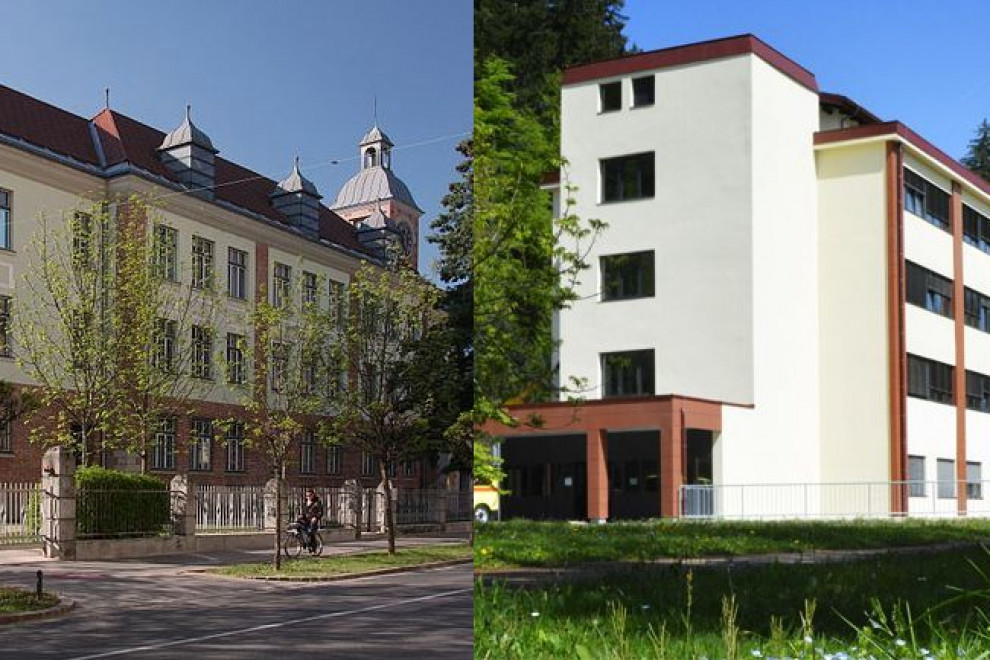 Skupaj zlepljeni sliki dveh velikih stavb v Ljubljani. Vsaka zaseda pol slike.