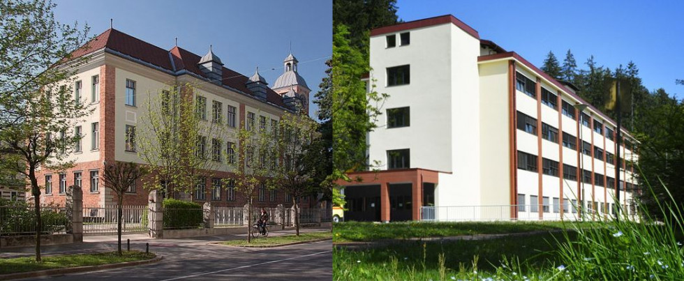 Skupaj zlepljeni sliki dveh velikih stavb v Ljubljani. Vsaka zaseda pol slike.