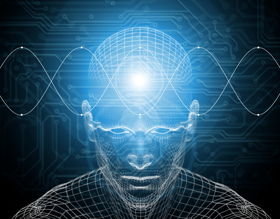 Računalniško narisana slika človeku podobnega robota z virom svetlobe v predelu možganov. Slika simbolizira umetno inteligenco.