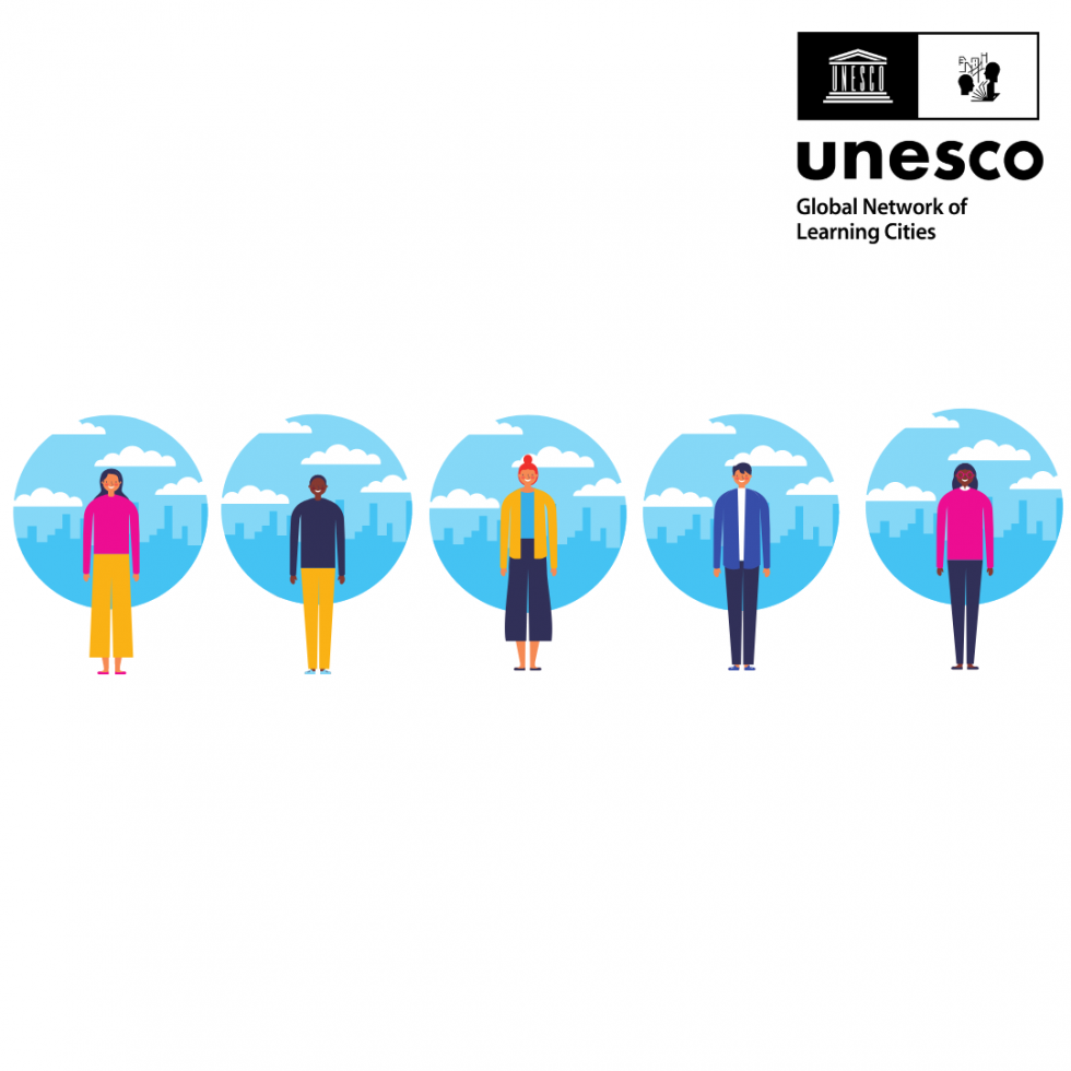 Logotip Unescove globalne mreže učečih se mest. 