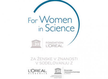 Logotip z napisom For Women in Science. Pod napisom dva manjša L'OREAL logotipa in UNESCO logotip.
