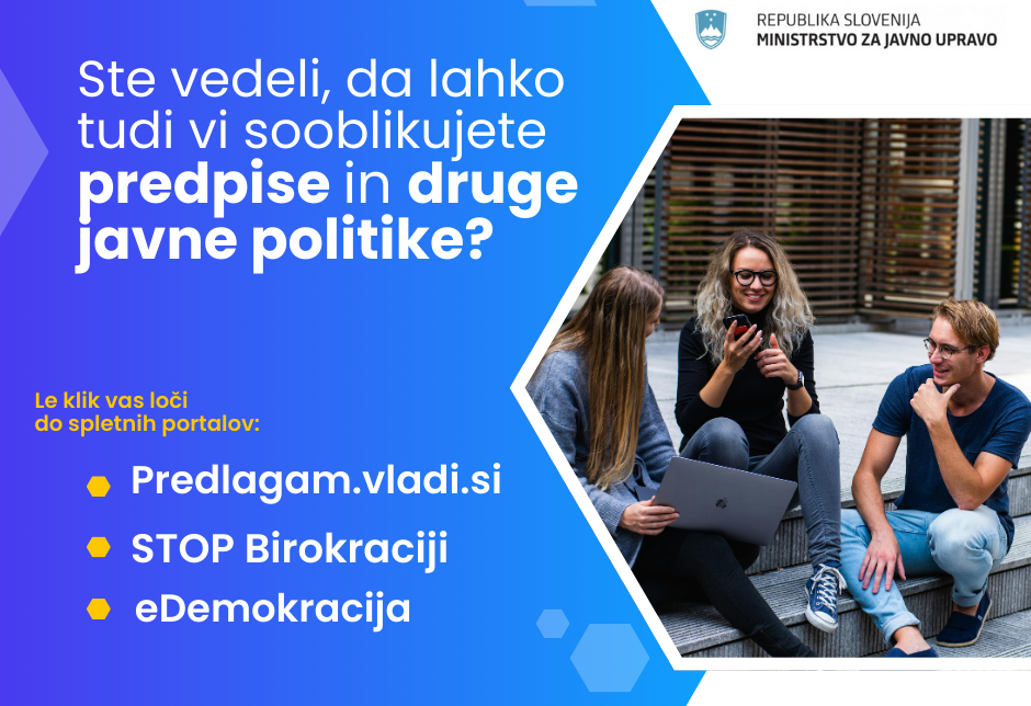 Infografika. Mladi ljudje sedijo na stopnicah, se pogovarjajo in gledajo v telefon in računalnik. Napis: Ste vedeli, da lahko tudi vi sooblikujete predpise in druge javne politike?