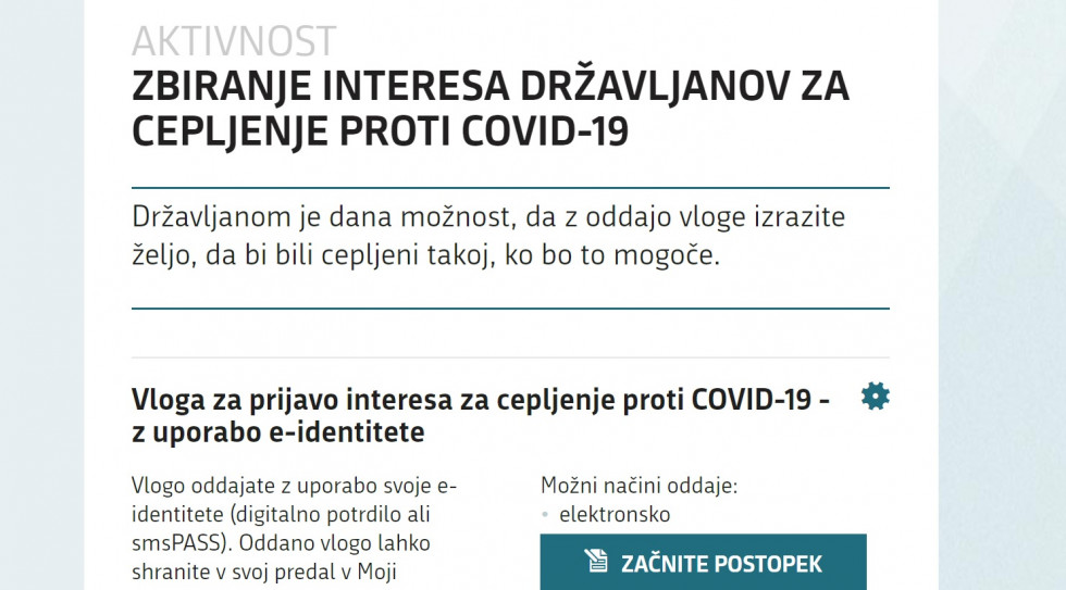 zaslonski posnetek vloge za zbiranje interesa državljanov za cepljenje proti covid-19