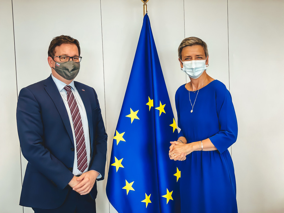 minister and commissioner in front of the EU flag