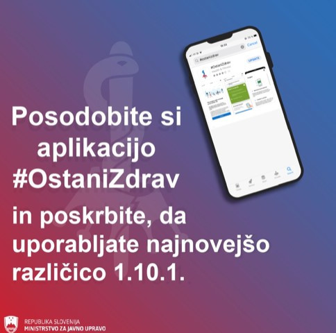 Infografika prikazuje mobilni telefon, ob njem zapis, ki vabi k posodobitvi aplikacije na različico 1.10.1