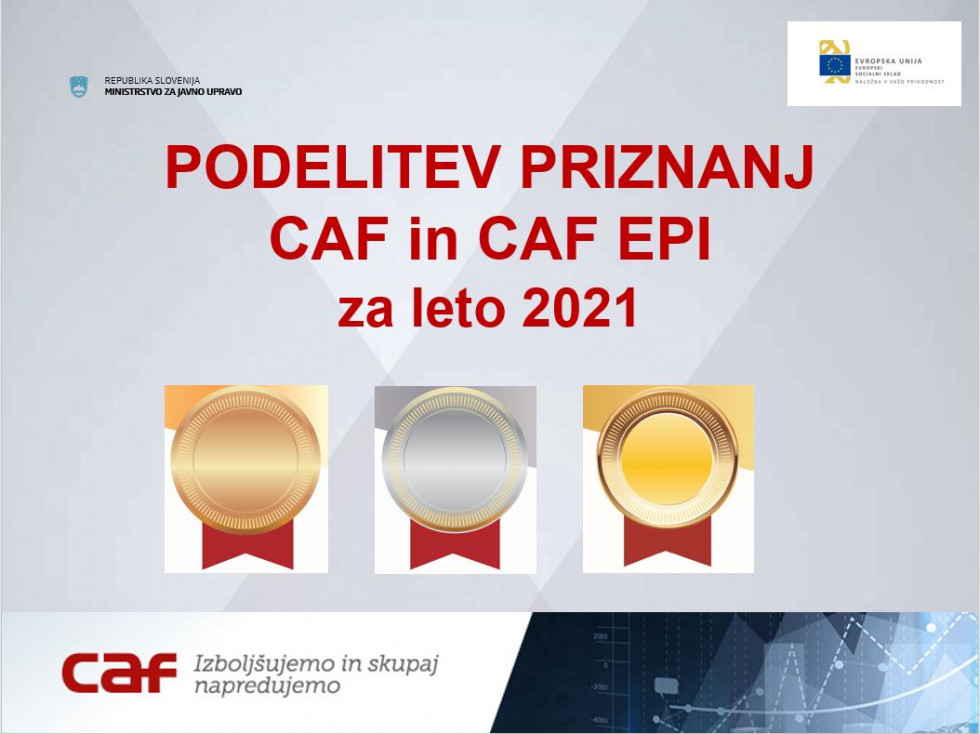 Ozadje predstavitve z napisom: Podelitev priznanj CAF in CAF EPI za leto 2021