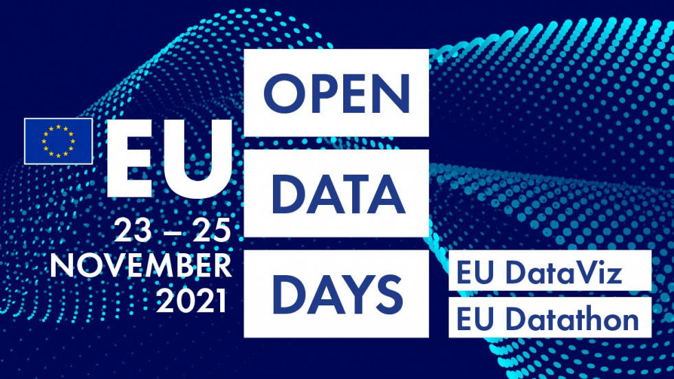 Modra podlaga, na njej naslov dogodka "EU open data days" ter datum, ko bo dogodek potekal.