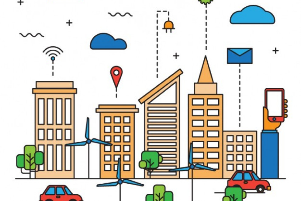 rumeni bloki in nebotičniki, nad njimi modri oblaki, znak za omrežje wi-fi, kolešček - znak nastavitve, veterne elektrarne pred stavbami,...