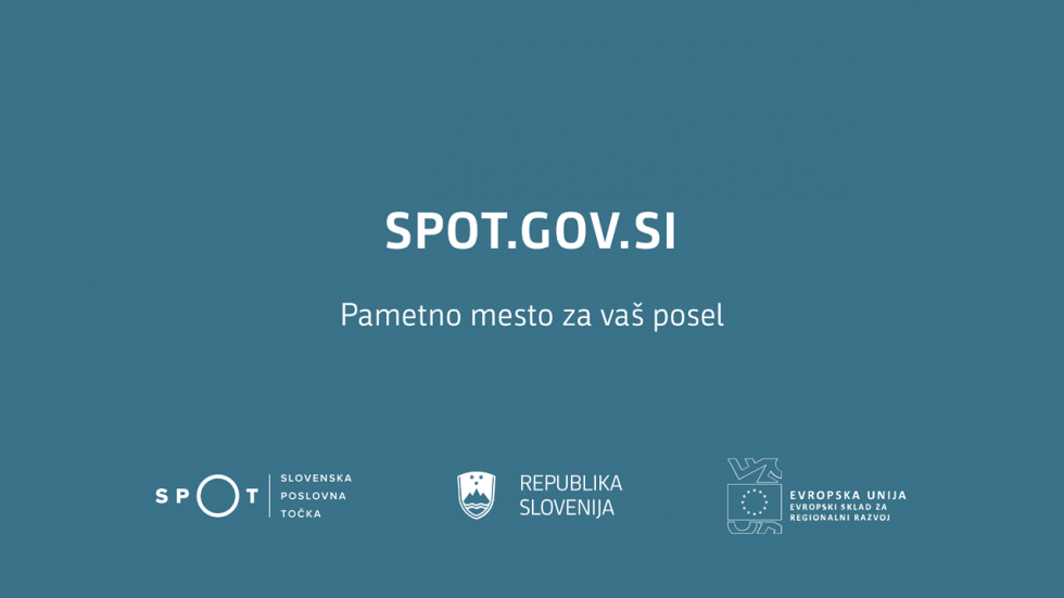 na modri podlagi naslov portala in slogan "Pametno mesto za vaš posel" ter logotipi (Spirit, RS in ESS)