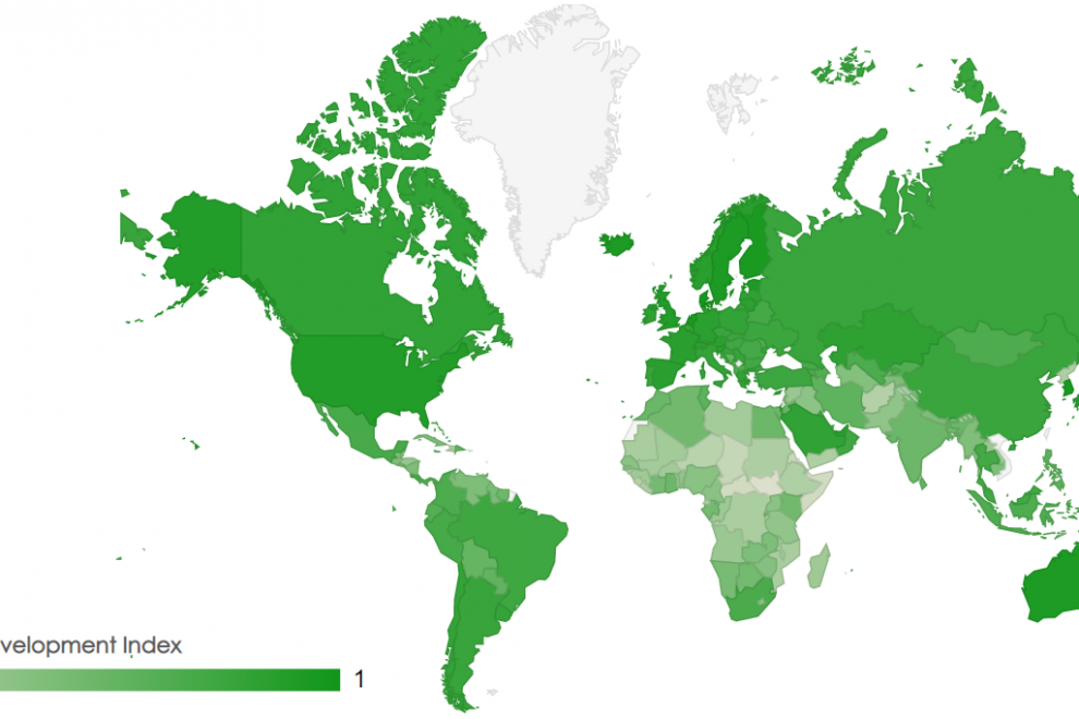 zemljevid sveta, države obarvane glede na razvrstitev na lestvici