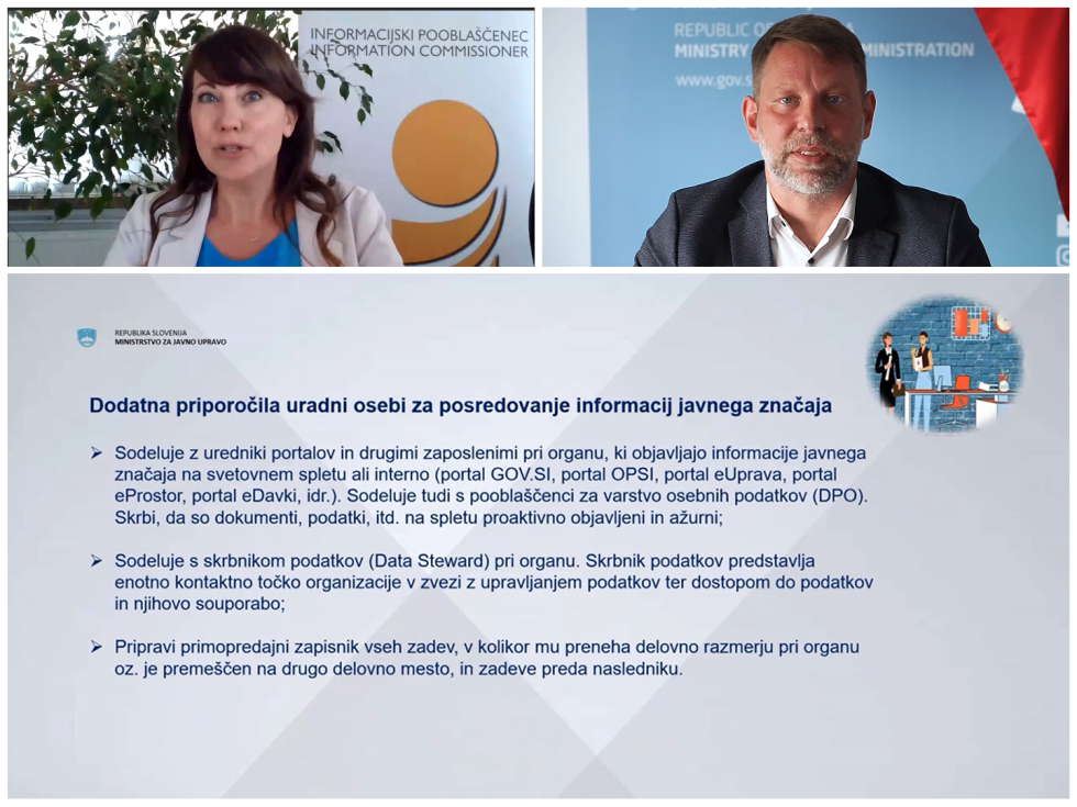 Zajem zaslona nagovora informacijske pooblaščenke, državnega sekretarja Jureta Trbiča in PowerPoint predstavitve