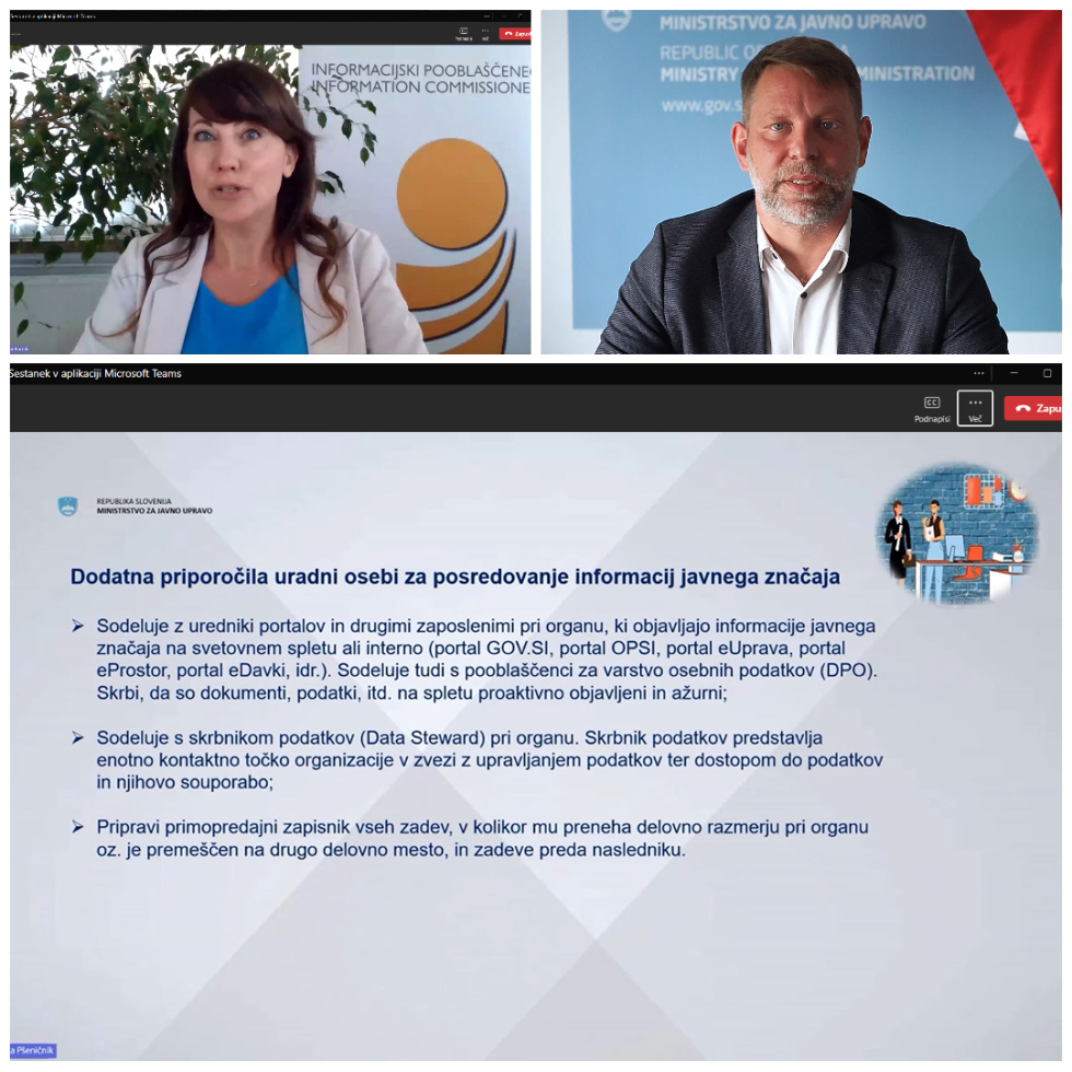 Zajem zaslona nagovora informacijske pooblaščenke, državnega sekretarja Jureta Trbiča in PowerPoint predstavitve
