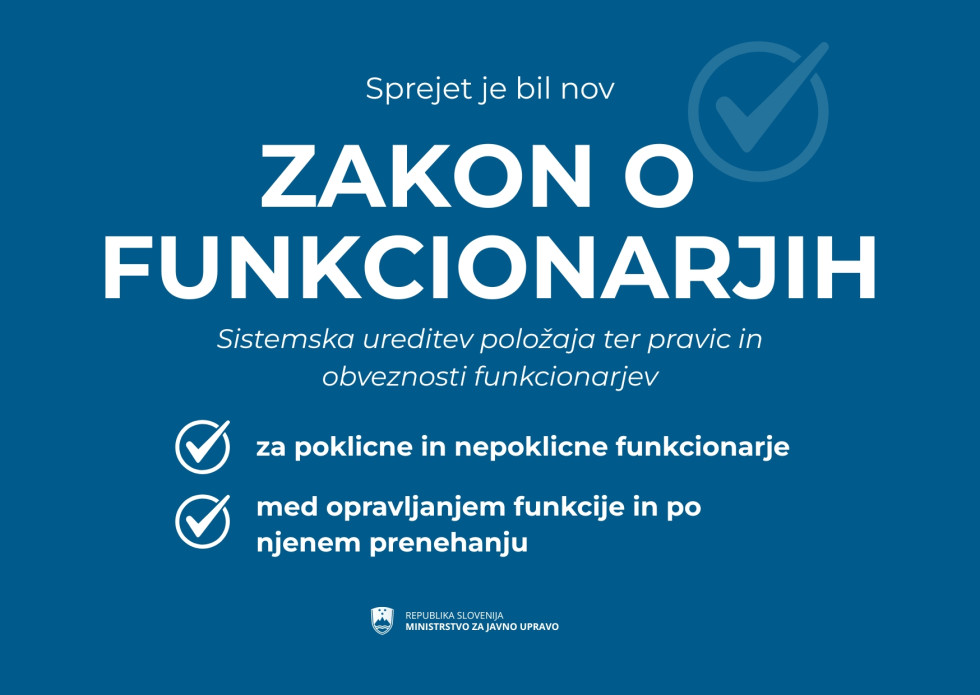 Grafični prikaz: Zakon o funkcionarjih - sistemska ureditev položaja ter pravic in obveznosti funkcionarjev; za poklicne in nepoklicne funkcionarjev, med opravljanjem funkcije in po prenehanju