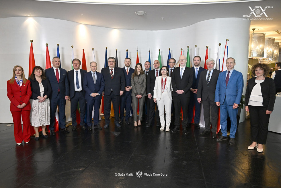 Skupinska fotografija. Moški in ženske stojijo v polkrogu. Zadaj zastave.