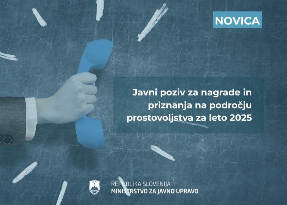 roka, ki drži telefonsko slušalko, zraven napis: javni poziv za nagrado in priznanja na področju prostovoljstva za leto 2025