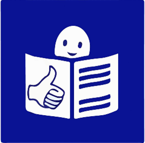 simbol za prikazovanje besedil v obliki lahkega branja - ilustracija osebe, ki bere besedilo, na platnici besedila je roka s palcem navzgor