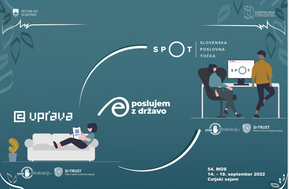 Naslovnica stojnice - infografika, kjer so logotipi vseh naštetih elektronskih storitev in slogan "e poslujem z državo".