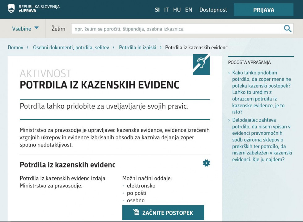 spletna stran eUprave storitev izpis iz kazenske evidence