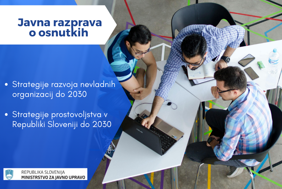 Infografika. Trije moški sedijo za mizo, se pogovarjajo in gledajo na računalnik. Zraven napis: Javna razprava o osnutkih Strategije razvoja nevladnih organizacij do 20230 in Strategije razvoja prostovoljstva do 2030.