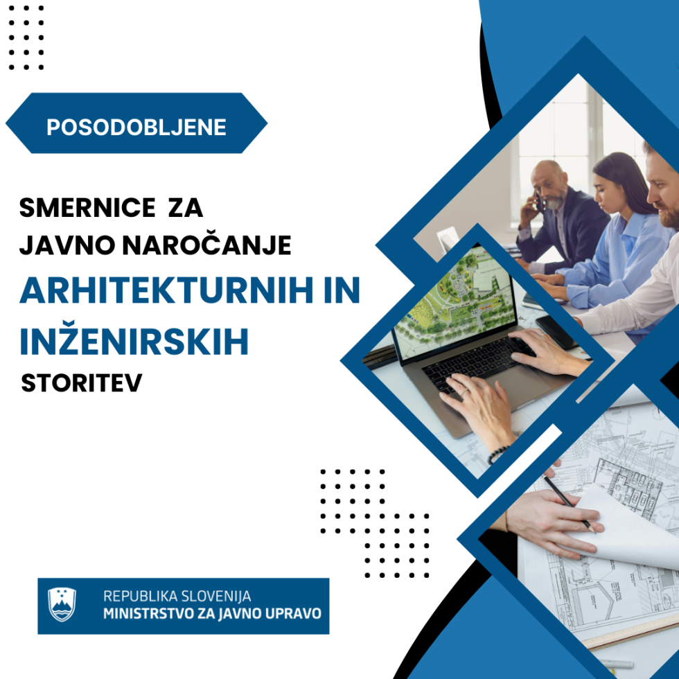 Kolaž fotografij, na katerih ljudje pripravljajo arhitekturne načrte s pomočjo računalnika in svinčnika ter imajo sestanek. Ob tem je napis posodobljene smernice za javno naročanje arhitekturnih in inženirskih storitev.