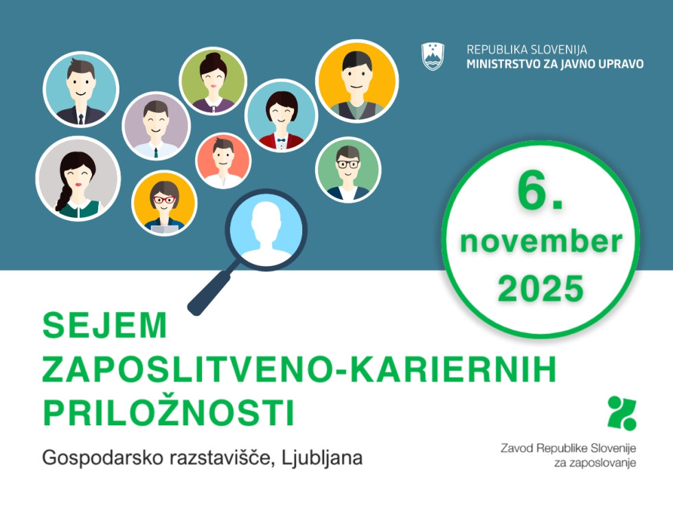 Plakat za dogodek »Sejem zaposlitveno-kariernih priložnosti«, ki bo 6. novembra 2025 na Gospodarskem razstavišču v Ljubljani. Zgornji del prikazuje ilustracije ljudi in povečevalno steklo. 