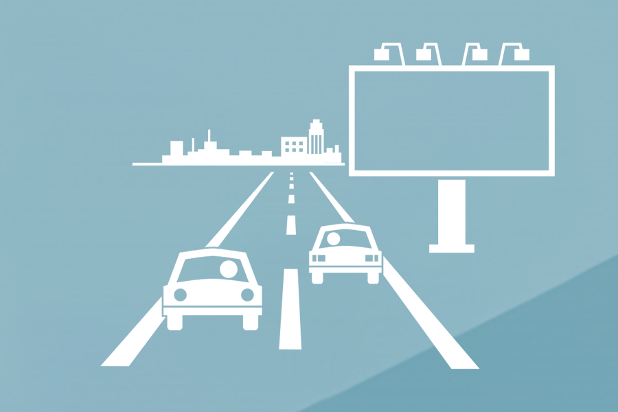 Grafika dveh avtov na avtocesti, na desni strani je oglaševalni pano.