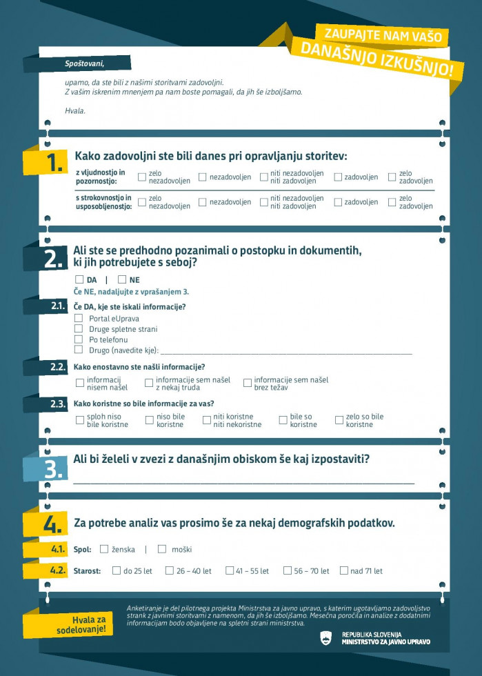 vprašalnik s tremi vsebinskimi vprašanji o zadovoljstvu opravljene storitve in dodanimi demografskimi podatki anketiranca