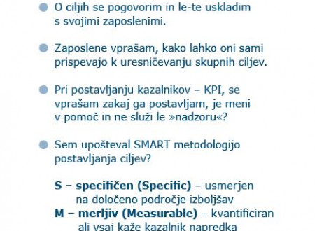 Usmerjevalna kartica postavlja vprašanja za lažje oblikovanje ciljev, na primer, vprašam se po namenu, vprašam se, kaj je cilj, cilje uskladim z zaposlenimi, pri tem upoštevam SMART metodologijo.