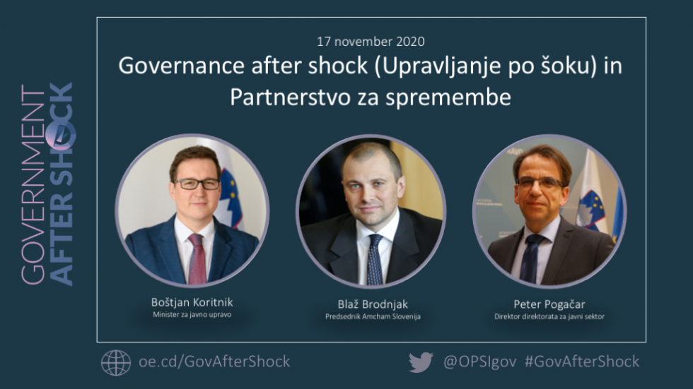 Na pasici je naslov dogodka Governance after Shock in datum izvedbe 17. november 2020. Pod naslovom dogodka so na portretnih fotografijah minister za javno upravo Boštjan Koritnik, predsednik AmCham Slovenija Blaž Brodnjak in direktor Peter Pogačar.