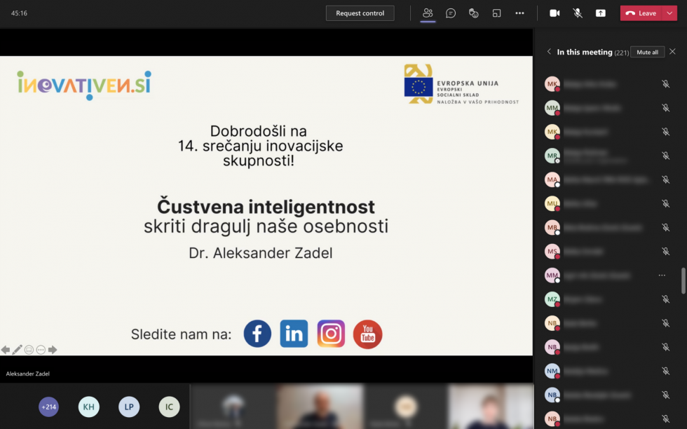 Posretek zaslona MS Teams klica dogodka 14. srečanje inovacijske skupnosti.
