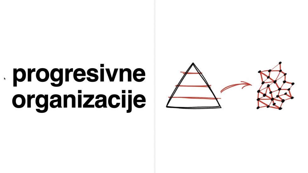 Na sliki je grafični prikaz strukture organiziranosti progresivnih organizacij v primerjavi z hierarhično strukturo organiziranosti