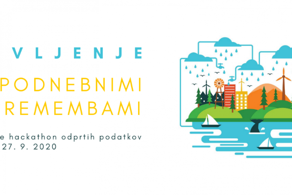 Napovednik dogodka hackhaton Življenje s podnebnimi spremembami. Ob napisu je grafika podnebnih sprememb. 