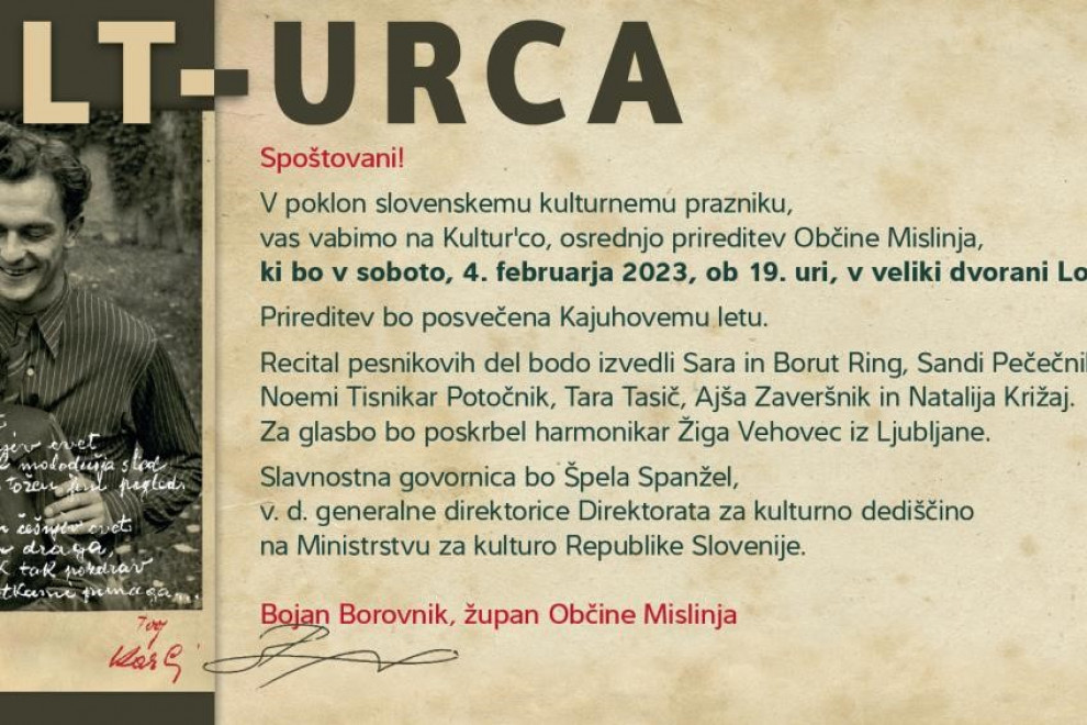 Vabilo na osrednjo prireditev Občine Mislinja ob kulturnem prazniku, posvečene Kajuhovemu letu 