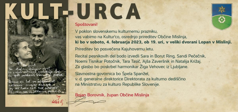 Vabilo na osrednjo prireditev Občine Mislinja ob kulturnem prazniku, posvečene Kajuhovemu letu 