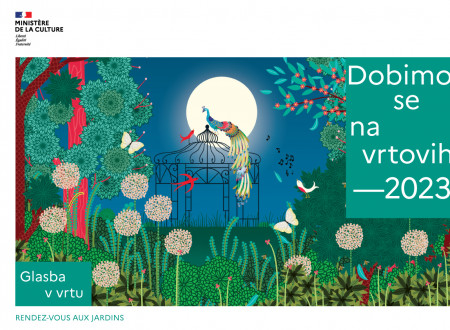 Plakat dogodka, rajska ptica na nočnem vrtu