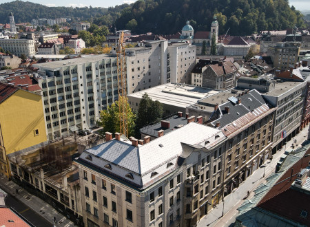 Panorama mesta Ljubljana z Bambergovo hiši v ospredju in Grajskim gričem v ozadju.