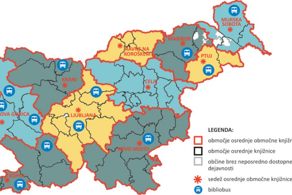 Zemjevid slovenskih občin, označen s podatki o splošnih knjižnicah, 2017.