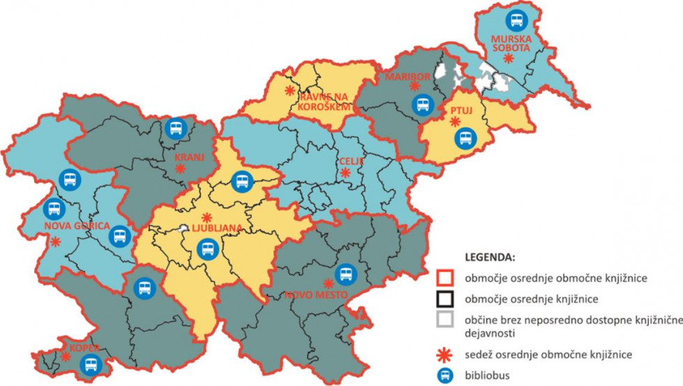 Zemjevid slovenskih občin, označen s podatki o splošnih knjižnicah, 2017.