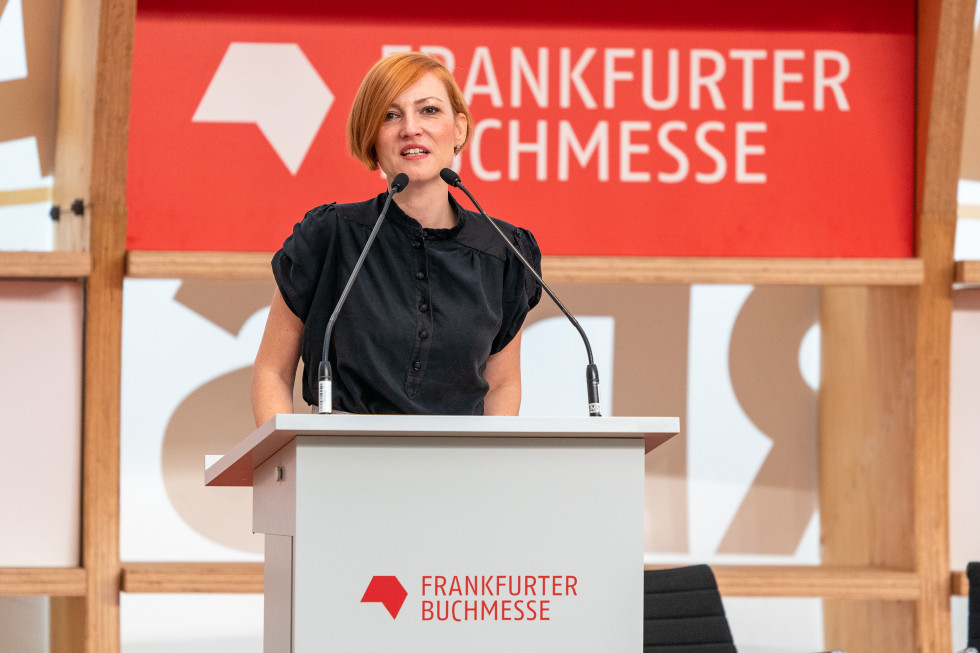The Minister of Culture addresses the audience at the official announcement of Slovenia as guests of honor at the Frankfurt Book Fair