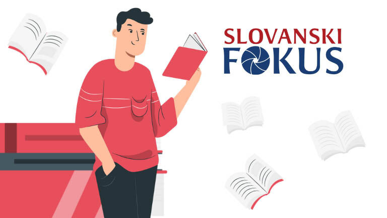 Ilustracija fanta v rdeči majici, ki v dvignjeni desni roki drži knjigo in bere, levo roko drži v žepu, na njegovi levi, v višini knjige napis Slovanski fokus
