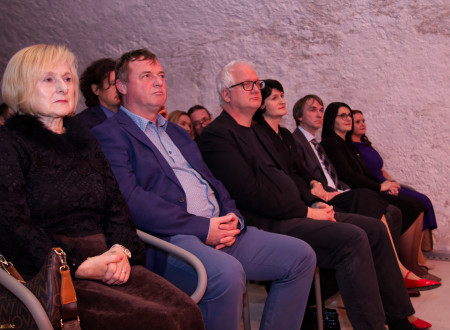 Udeleženci slavnostnega odprtja sedijo na stolih v nekoliko zatemnjenem prostoru, pogled je usmerjen naprej, med njimi v prvi vrsti državi sekretar, predstavnik Evropske komisije v Sloveniji in direktorica