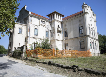 Dvorec Jelšane, pred njim oranžna plastična varovalna ograja